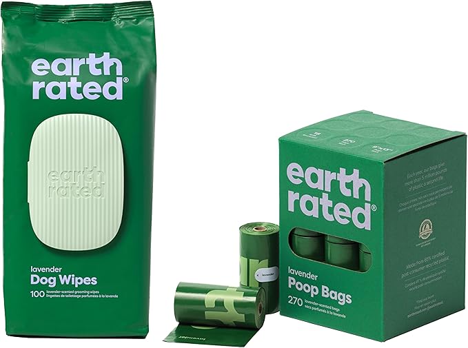 Earth Rated Dog Poo Bag Refill Rolls and Grooming Wipes Bundle, 270 Leak Proof and Extra Thick Waste Bags and 100 Plant Based Thick Grooming Wipes, Lavender Scented