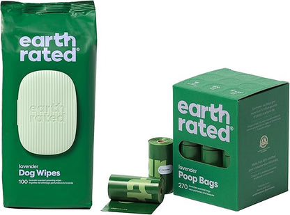 Earth Rated Dog Poo Bag Refill Rolls and Grooming Wipes Bundle, 270 Leak Proof and Extra Thick Waste Bags and 100 Plant Based Thick Grooming Wipes, Lavender Scented