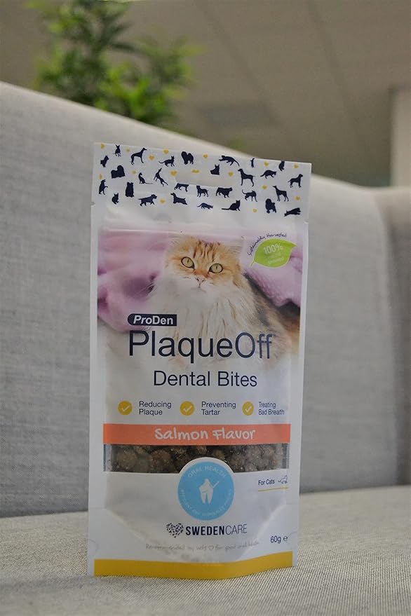 ProDen PlaqueOff Dental Bites for Cats Tartar & Bad Breath Remover 100% Natural Teeth Cleaner and - Improve Overall Oral Health - Salmon Flavor 60g